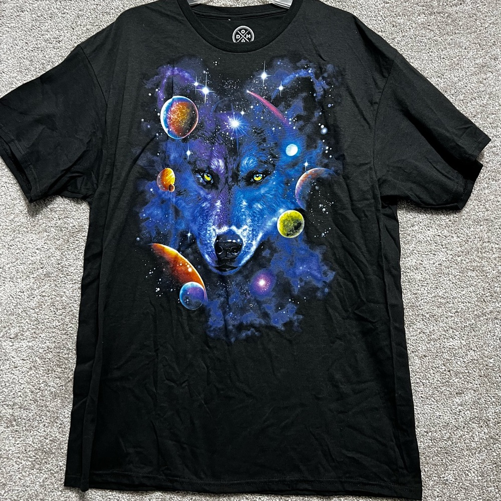 Animal Wolf Print T Shirt Mens Size XL Galaxy Planets SpaceWolf DOM Black